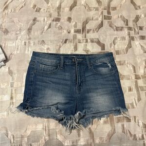 Blue Jean Shorts with Distressed Hem and Raw Edges